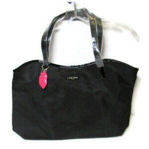 Lancome Paris Black Tote Bag with Eiffel Tower Lining and Pink Lips Charm NEW